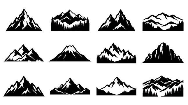 Set of black mountain silhouettes isolated on transparent background for outdoor adventure logo design collection