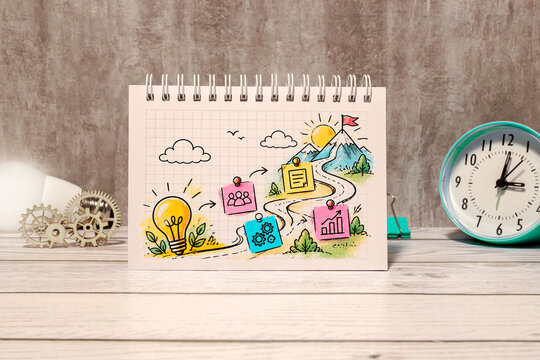 From Idea to Success Creative Business Roadmap with Strategic Milestones and Goal Achievement Illustration.