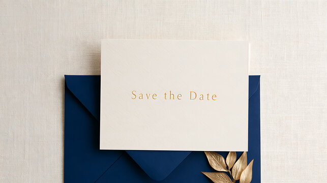 Elegant save the date card mock up with white paper and blue envelope on linen background featuring gold metallic foil typography details