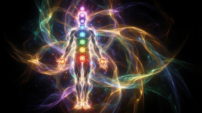 Human body silhouette with seven glowing chakra energy centers. Colorful aura, spiritual light flow around person. Concept of holistic healing, meditation, mindfulness. Inner energy system shows