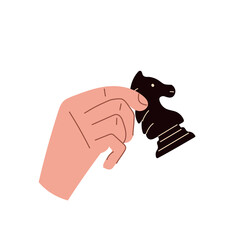Hand holding black chess knight piece making strategic move isolated on white background. Tactical board game action vector illustration. © Инна Музыка