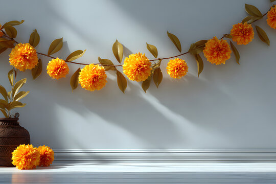 Modern plain wall decorated with a small Deepavali garland in a clean minimalist style.