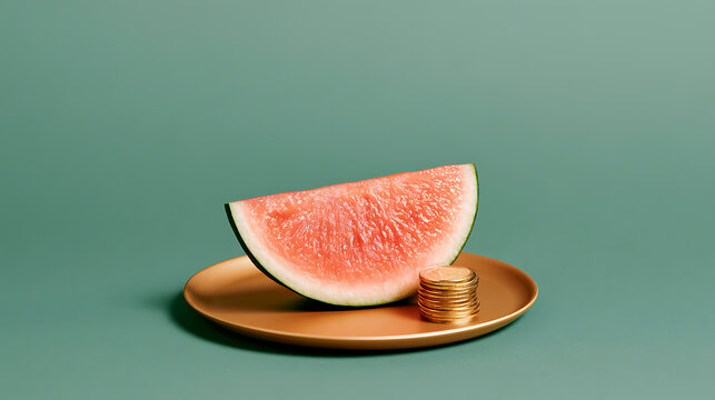 Fresh watermelon slice Citrullus lanatus with gold coin stack on golden plate, green background minimalist food concept business profit value