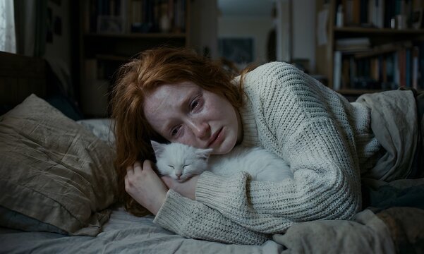 Sad young woman lying in bed hugging white kitten for comfort