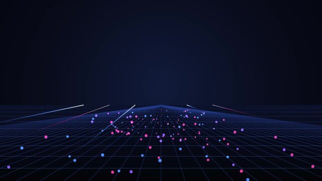 Abstract digital grid with floating neon particles and light streaks, futuristic cyberpunk background, for technology and, data visualization