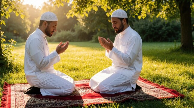 Two Muslim men pray together on red rug in green park. Middle eastern males in white thobe, skullcap perform salah outdoors. Spiritual brothers sit on grass during sunset, practice religion, find