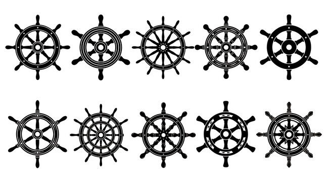 Ten black ship steering wheels isolated on transparent background for nautical maritime graphic design projects