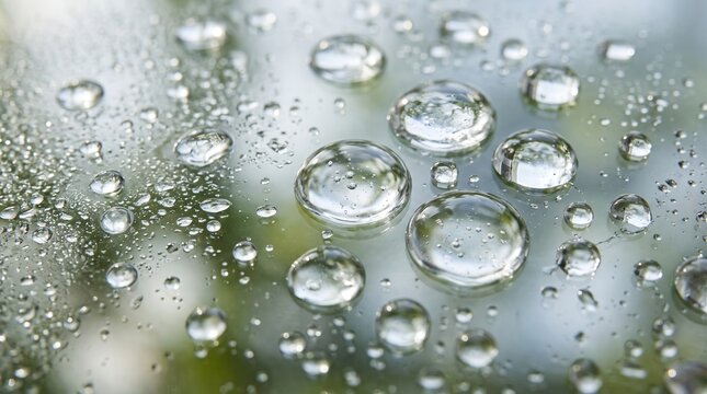 Water droplets on wet surface with blurred green background  