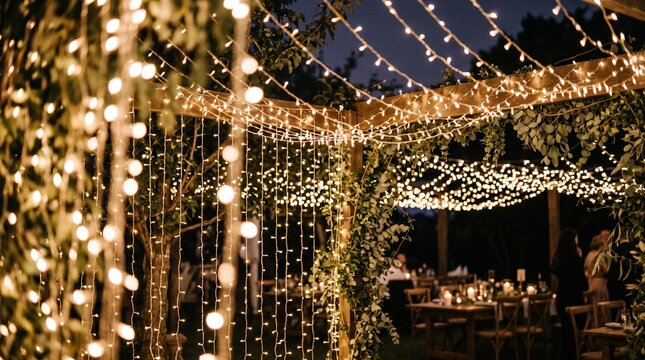 Evening outdoor wedding reception decorated with string lights  