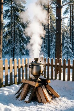 Metal samovar boils water with hot steam rising in snowy forest. Wooden logs burn under silver tea maker in winter woods. Traditional outdoor cooking setup with fire, smoke among pine trees, white