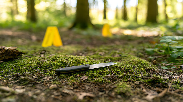 Crime scene in a forest with a murder weapon knife on moss next to yellow evidence markers in a wooded area during daylight investigation