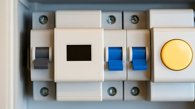 Close-up of a modern electrical fuse box with blue and gray circuit breaker switches and a yellow test button in a residential setting