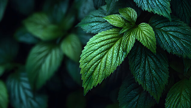 Dark green background with textured leaf foliage