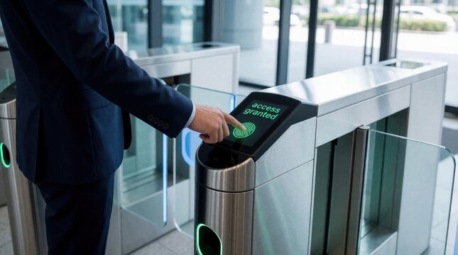 Business pro uses biometric fingerprint scanner at corporate office entrance. Digital terminal shows access granted message after successful identity verification. Secure modern workplace technology