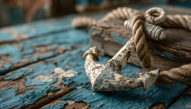 White nautical anchor with thick rope lies on weathered blue wood planks. Maritime decoration for coastal themes, seaside holidays, and nautical decor projects.