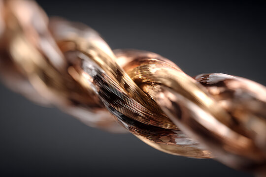 Gold, bronze metallic copper braided wave wire on black. Abstract light, shadow texture background.