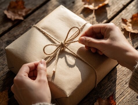 Close up of hands tying jute twine bow on gift wrapped in brown kraft paper. Person prepares eco friendly package on rustic wooden table with autumn leaves. Sustainable packaging concept for holiday