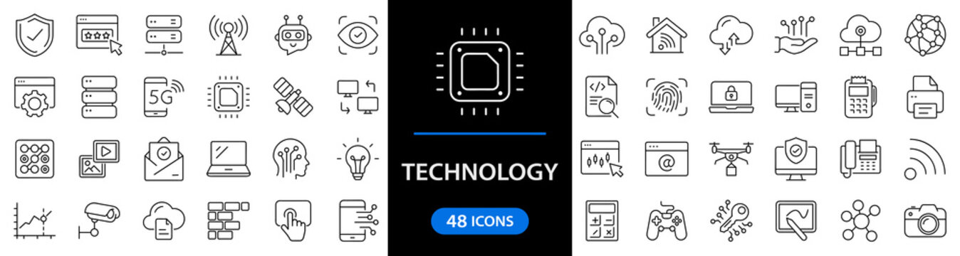 Technology set of web icons in line style. Information technology signs for web and mobile app. IT network system, 5g, communication, computer, chip, web design, software, data center, device, ai.