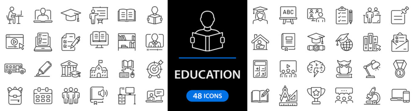 Education set of web icons in line style. Learning icons for web and mobile app. E-learning, video tutorial, knowledge, study, school, university, webinar, online education. Vector illustration