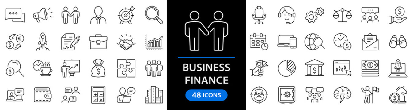 Business and finance set of web icons in line style. Money and business icons for web and mobile app. Money, business process, bank, teamwork, office, payment, management, wallet. Vector illustration