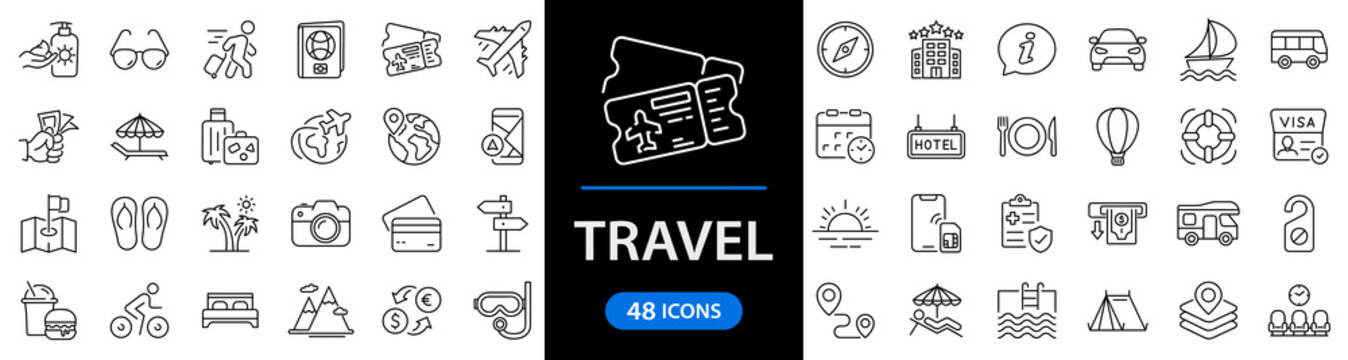 Travel and Tourism set of web icons in line style.Travel and vacation icons for web and mobile app. Airport, tickets, tour, relax, hotel, recreational rest, service. Vector illustration