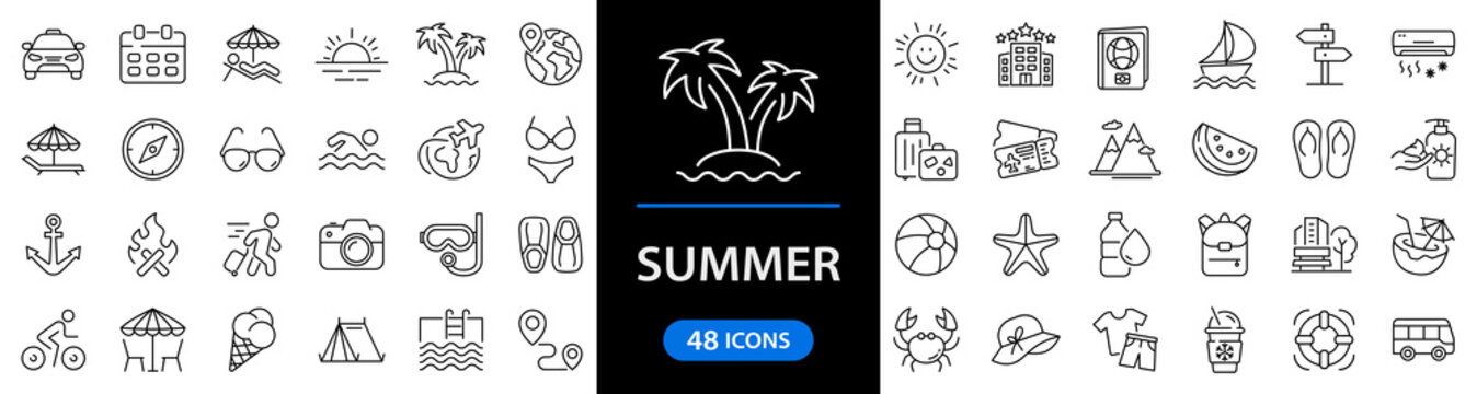 Summer set of web icons in line style. Summer vacation icons for web and mobile app. Travel, beach, tourism, summer holidays, hotel, relax, beach, luggage, passport, sunglasses. Vector illustration
