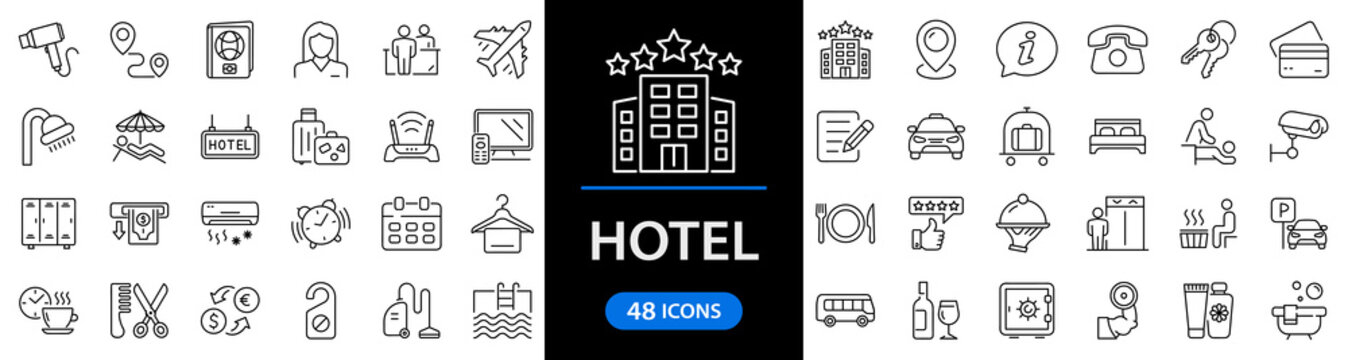 Hotel set of web icons in line style. Hotel and vacation icons for web and mobile app. Hotel services, recreational rest, relax, travel. Vector illustration