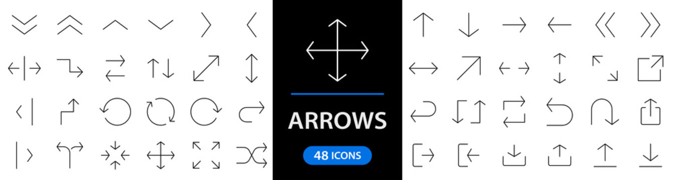 Arrows big black set of web icons in line style. Arrow collection signs for web and mobile app. Arrow icons with various directions. Cursor, UI, web graphics, apps. Vector illustration