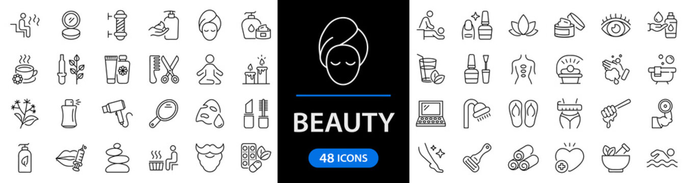 Beauty and Spa set of web icons in line style. Cosmetics services & Spa icons for web and mobile app. Spa treatments, skin care, massage, hyaluronic acid, serum, anti ageing, pore tighten, cosmetology