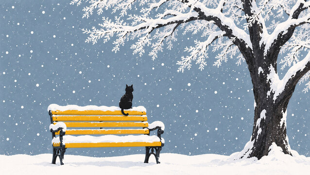 Black cat sitting on a snowy yellow bench in winter