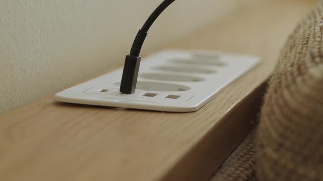 Hand plugging usb-c cable into wall socket strip on wooden shelf