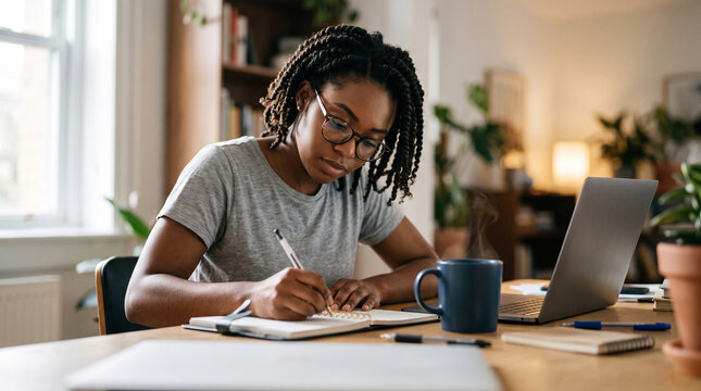 Focused Black woman with glasses studying and writing in notebook at desk with laptop and coffee, representing remote work and online education