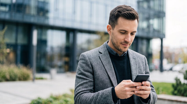 Man in business casual attire using smartphone outdoors near modern office building, symbolizing professional communication and urban business