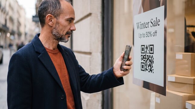 Window shopper scanning QR code on winter sale poster with smartphone on city street