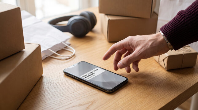 Shopper reaching for smartphone with Black Friday deals alert amid parcels and headphones