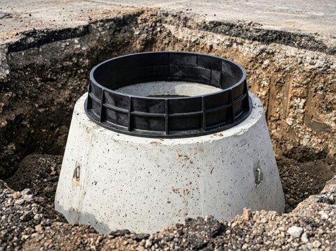 Worker adjusts riser ring on a concrete utility chamber