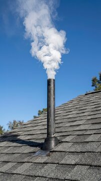 Smoke rising from a rooftop chimney into the sky