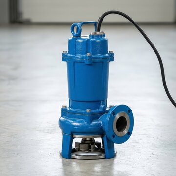 Blue sewage pump with power cable on a workshop floor