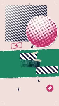 Three repeated panels combine navy stripes and dotted circles above a broad green band, with taped samples, pink star stamps and small starbursts