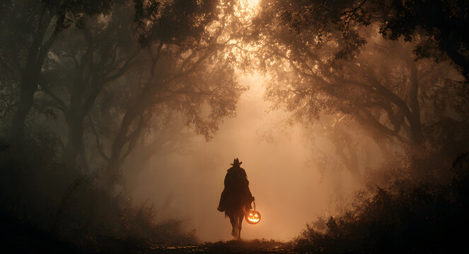 A headless horseman rides through the foggy forest, carrying a flaming pumpkin in his hand.