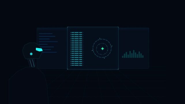 Futuristic robot interface, digital dashboard, data processing, cybernetic vision, virtual display, tech UI analysis, system monitoring, network node, pixel art style, high tech HUD