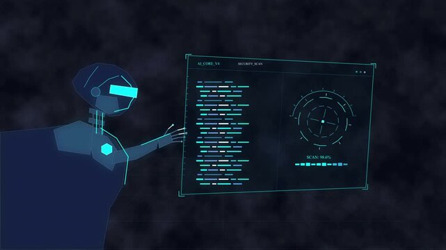 Futuristic robot interacting with digital data HUD interface, AI technology and machine learning analytics visualization