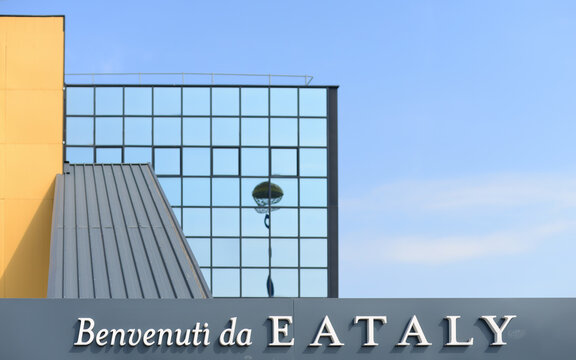 PAVIA, ITALY &ndash; SEPTEMBER 25, 2026:  Detail of Eataly restaurant and shop building, a company that sells authentic Italian food and non food products