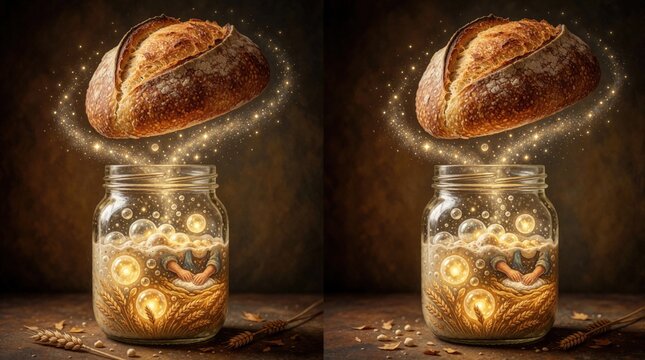 Magical sourdough starter bubbles in glass jar with glowing light orbs. Finished bread loaf floats above jar with sparkling dust. Fantasy food concept shows mystical fermentation process with wheat