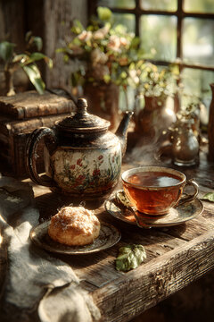 Close-up of cozy interior details &ndash; tea set, dessert and natural textures on a wooden table. Warm, inviting scene with autumnal tones.