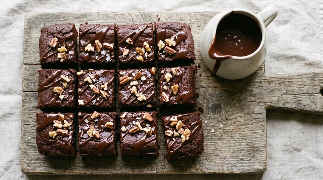 Chocolate brownies with walnuts and chocolate sauce on wooden cutting board with white linen background overhead view