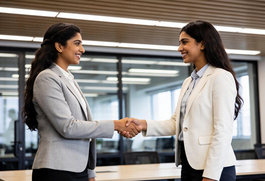 Two Indian businesswomen shaking hands in modern office setting after successful deal or corporate agreement
