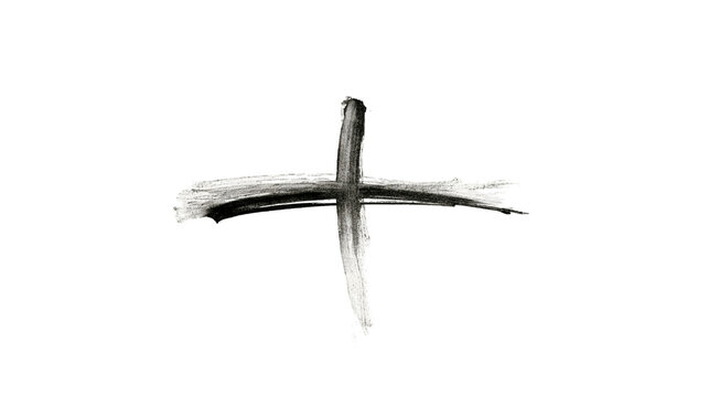 Isolated hand-drawn brushstroke cross symbol and N (819) text on black banner, artistic