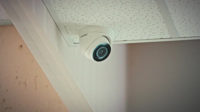 A CCTV camera with a wide-angle lens rotates on a white tiled ceiling monitoring the corridor passage in a business center. Concept of automated video surveillance and smart security systems