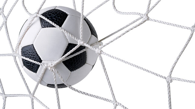 Isolated football caught in a goal net. Concept of scoring, victory, sport and athletic achievement.